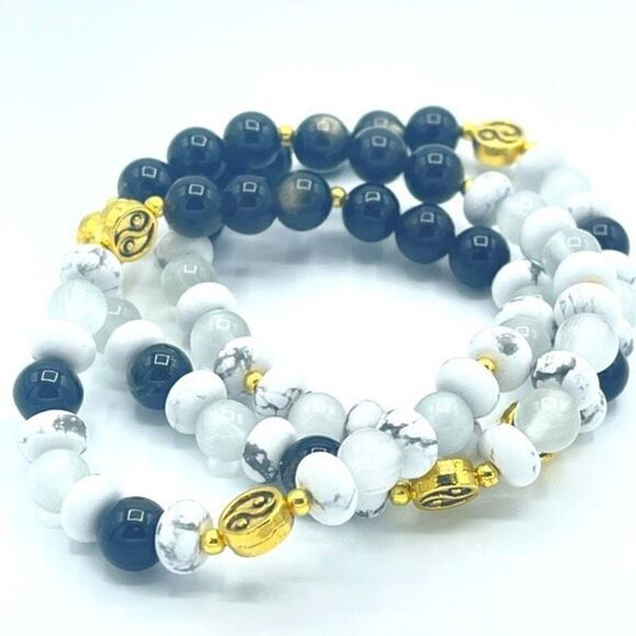 Yin Yang selenite golden obsidian howlite beaded stretch bracelet ONE NEW crysta - Picture 1 of 8